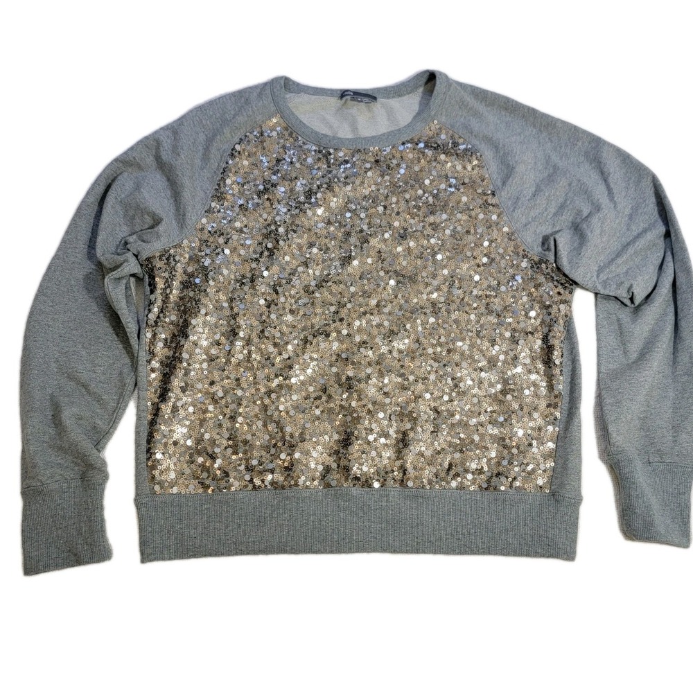 Vince 100% Cotton Sequins Front Long Sleeve Pullover Sweatshirt Top Grey‎ Size M